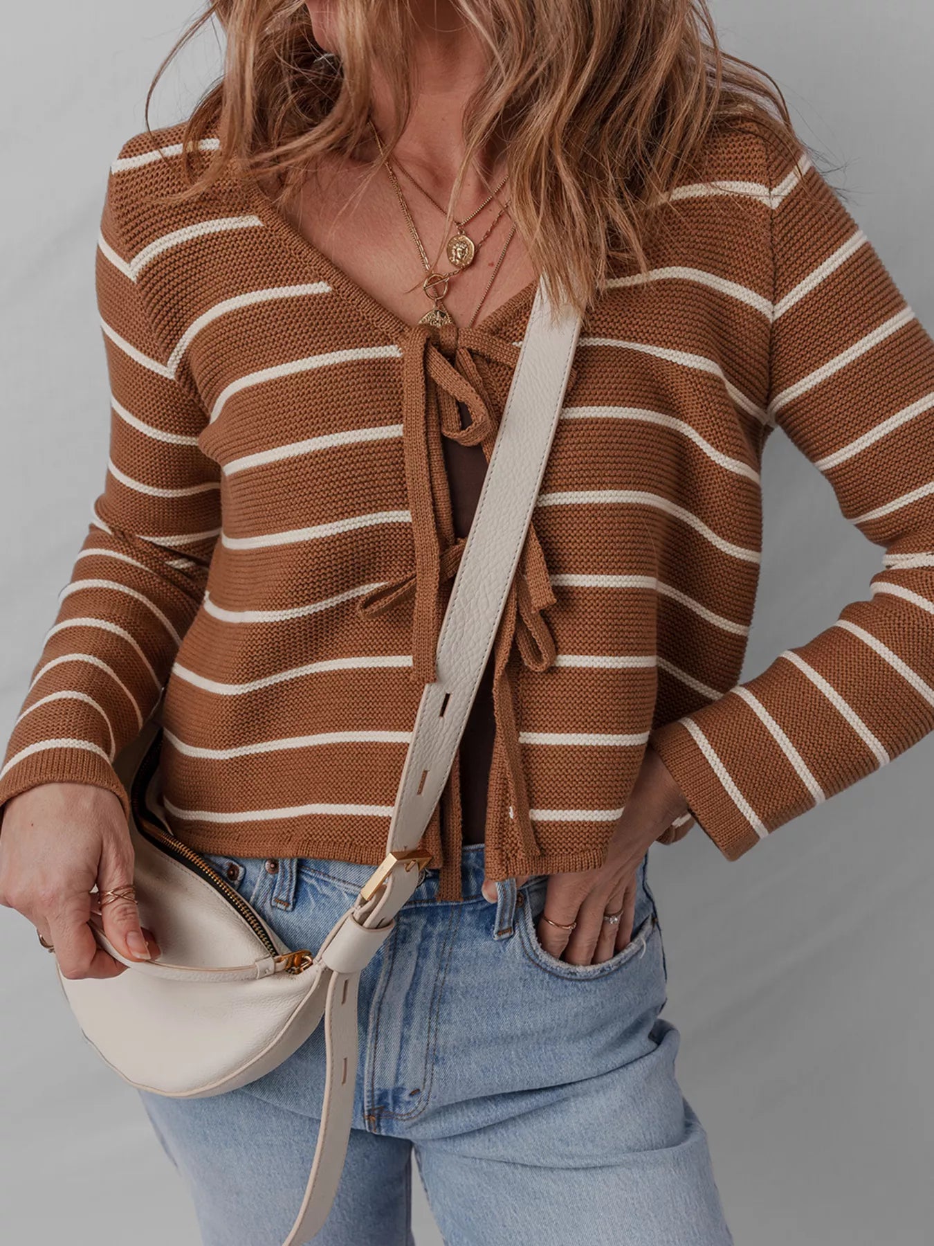 Tie Front Striped Knit V Neck Cardigan