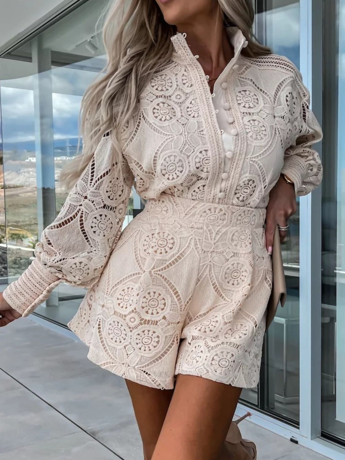 Lace Button Detail Long Sleeve Top and Shorts Set Eggshell