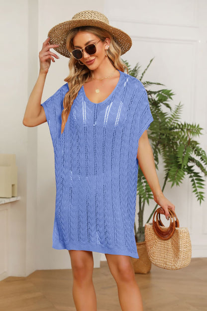 Openwork Side Slit Knit Dress Blue One Size