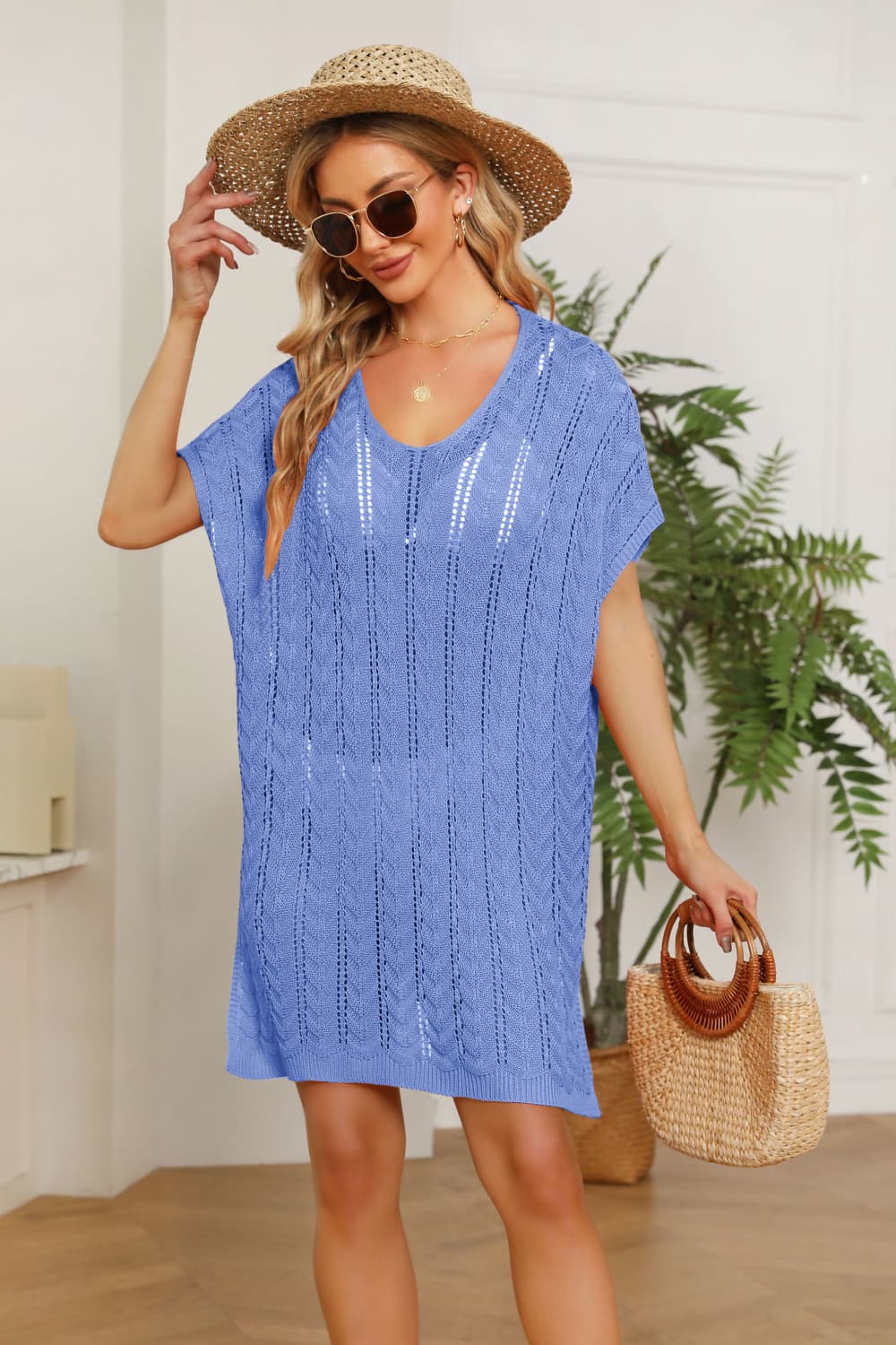 Openwork Side Slit Knit Dress Blue One Size