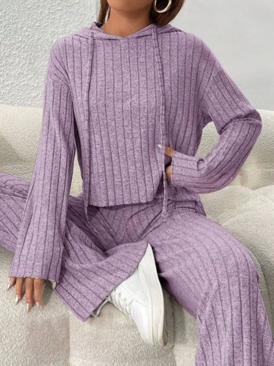 Ribbed Knit Hoodie & Wide Leg Pants Set Violet