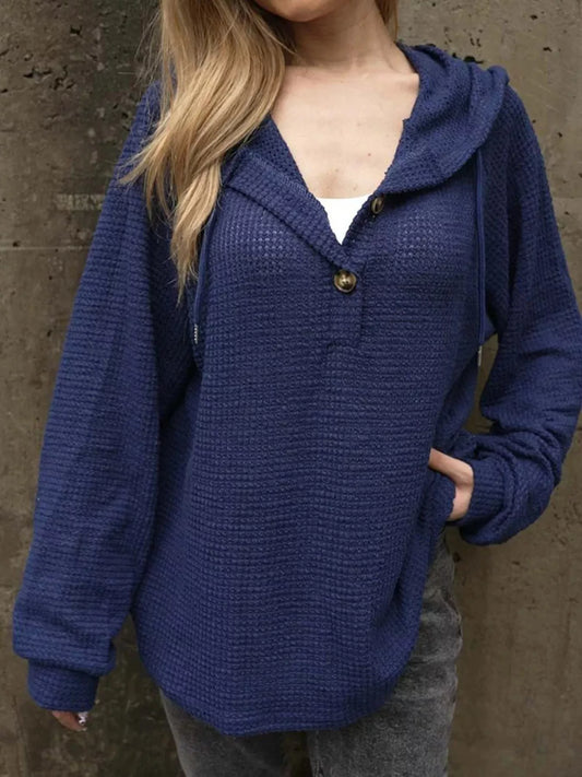 Waffle Knit Hoodie with Button Detail Dark Blue
