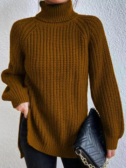 Full Size Turtleneck Long Sleeve Sweater Plus Size Camel