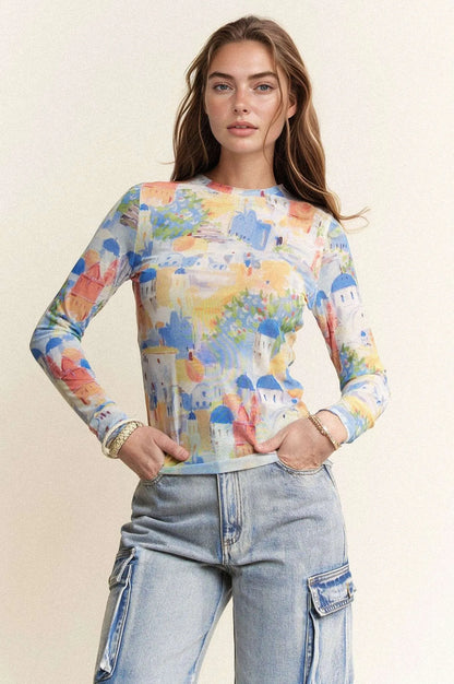 Davi & Dani Multi Printed Mesh Round Neck Long Sleeve Top COBALT MULTI