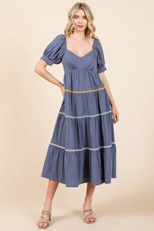 Lime 'N' Chili Trim Detail Puff Sleeve Tiered Maxi Dress