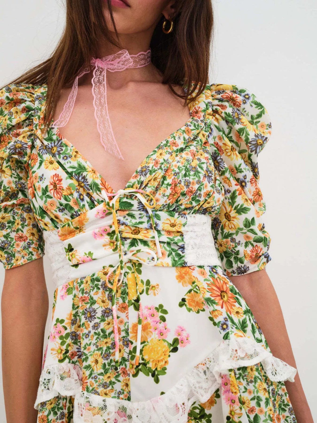 Ruffled Floral Print Half Sleeve Dress Lemon Yellow