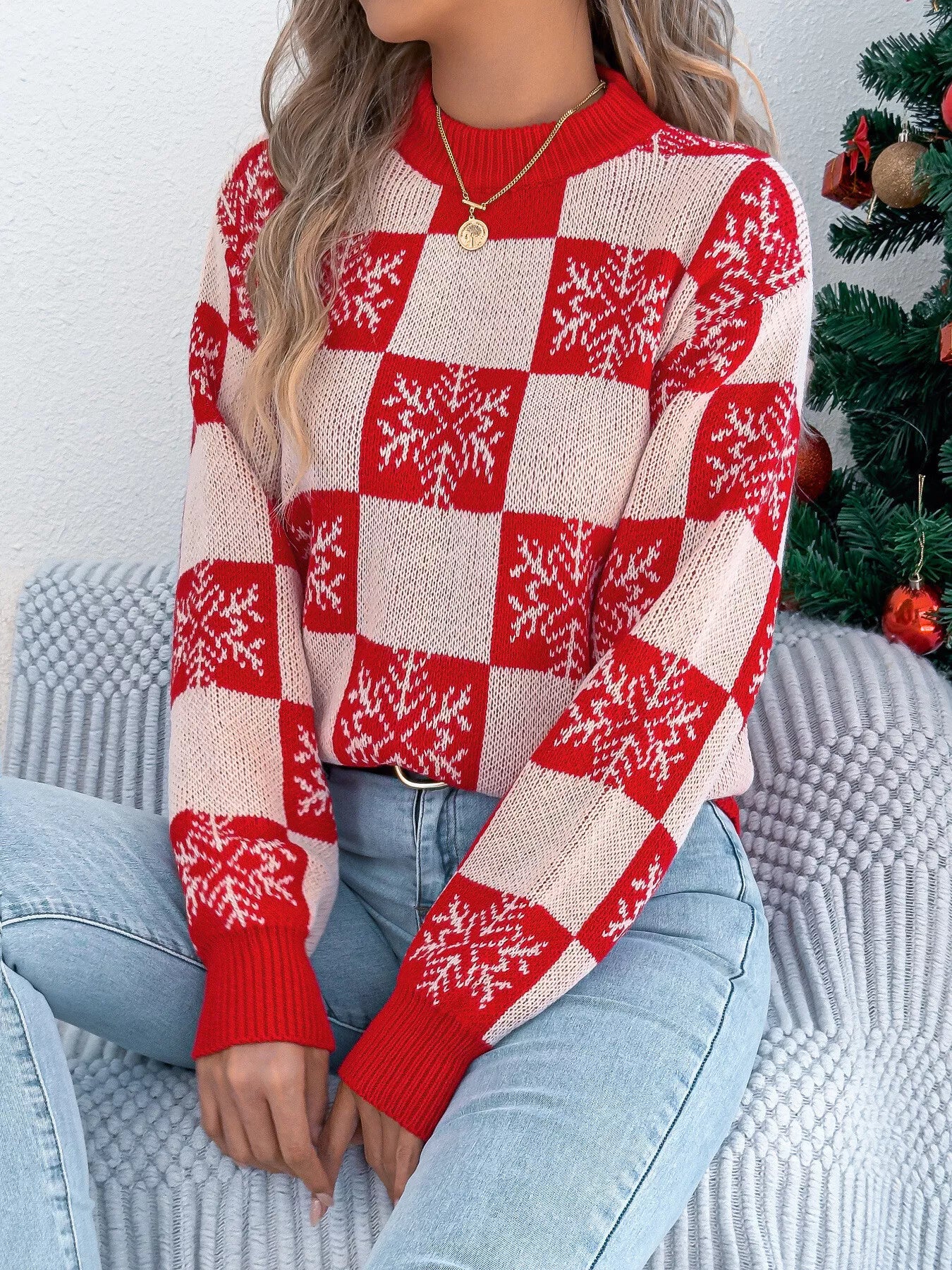 Christmas Snowflake Checkered Round Neck Sweater