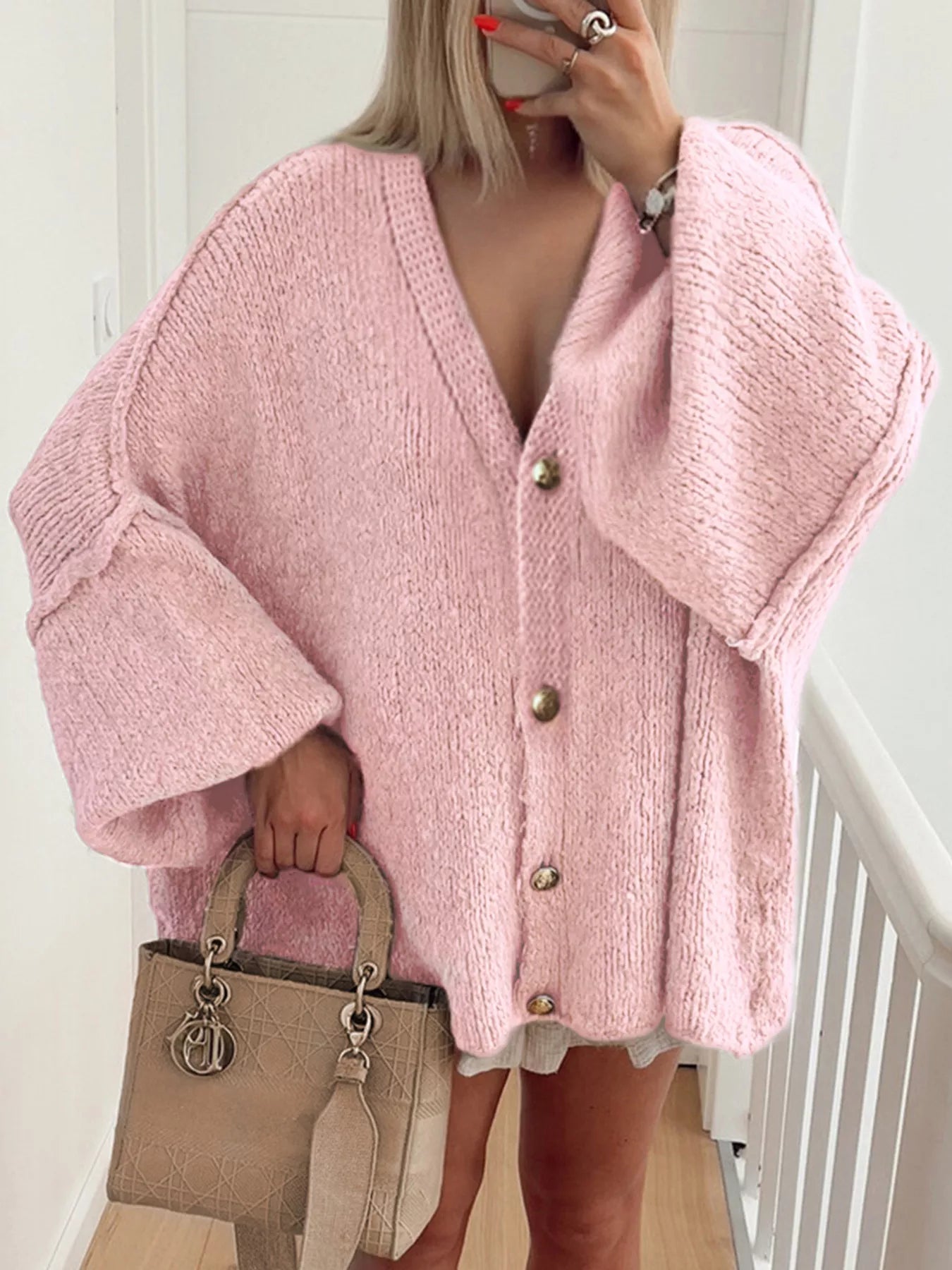 Oversized Knit Button Up Cardigan Pink