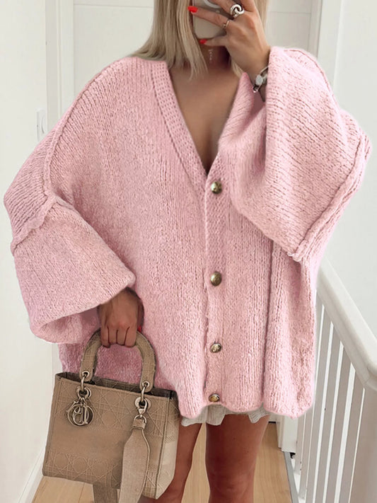 Oversized Knit Button Up Cardigan Pink