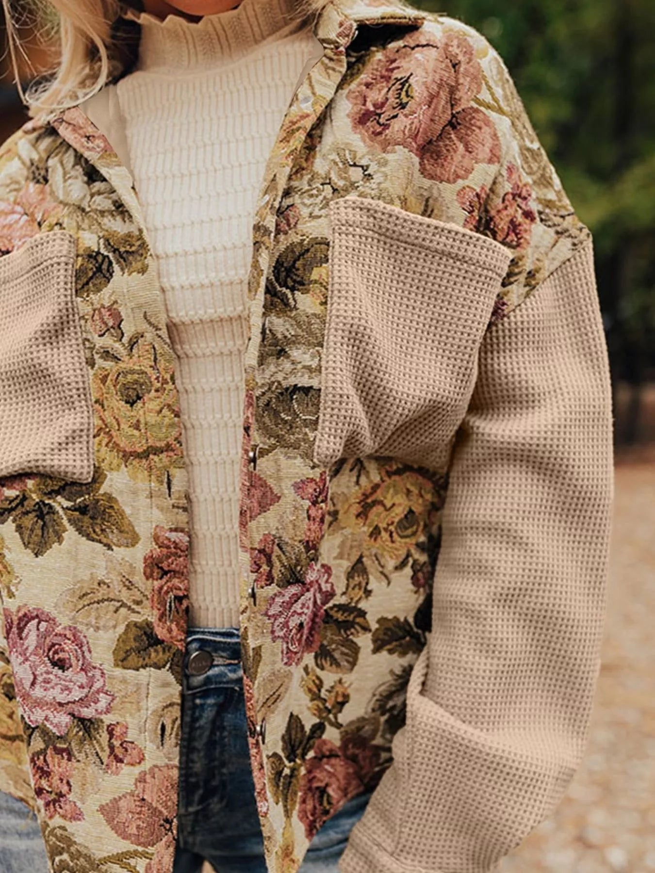 Floral Waffle Knit Patchwork Chest Pockets Buttoned Jacket
