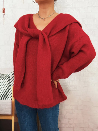 Ribbed Hem V-Neck Sweater with Shawl Red One Size