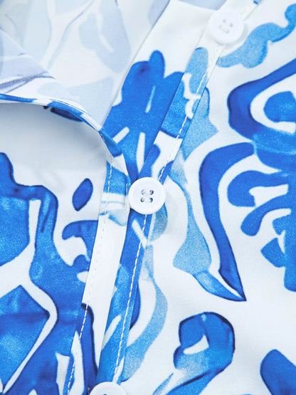 Printed Tie Split Neck Button Front Puff Sleeve Shirt