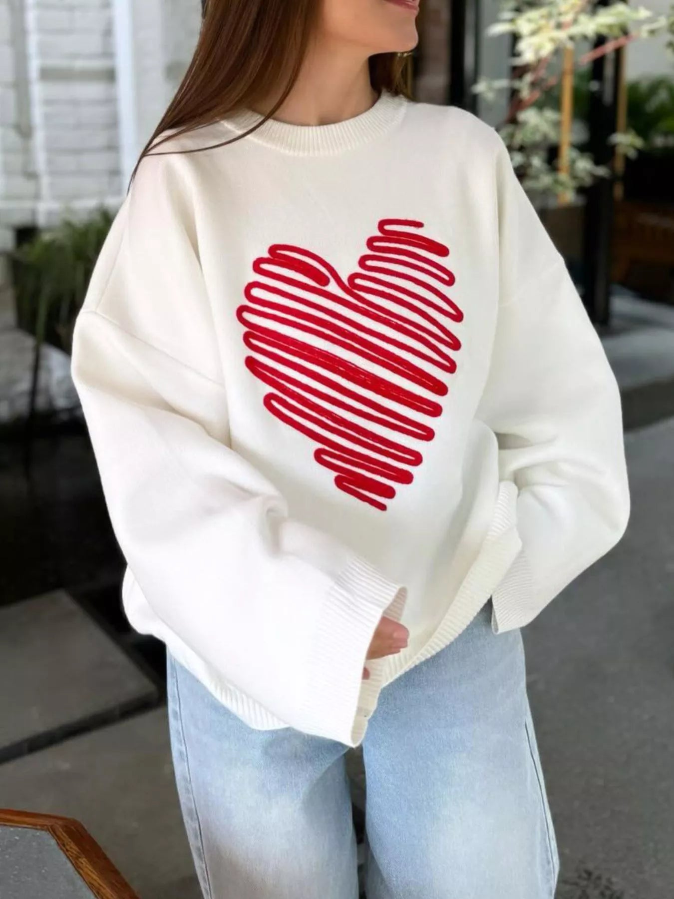Heart Round Neck Oversized Sweater