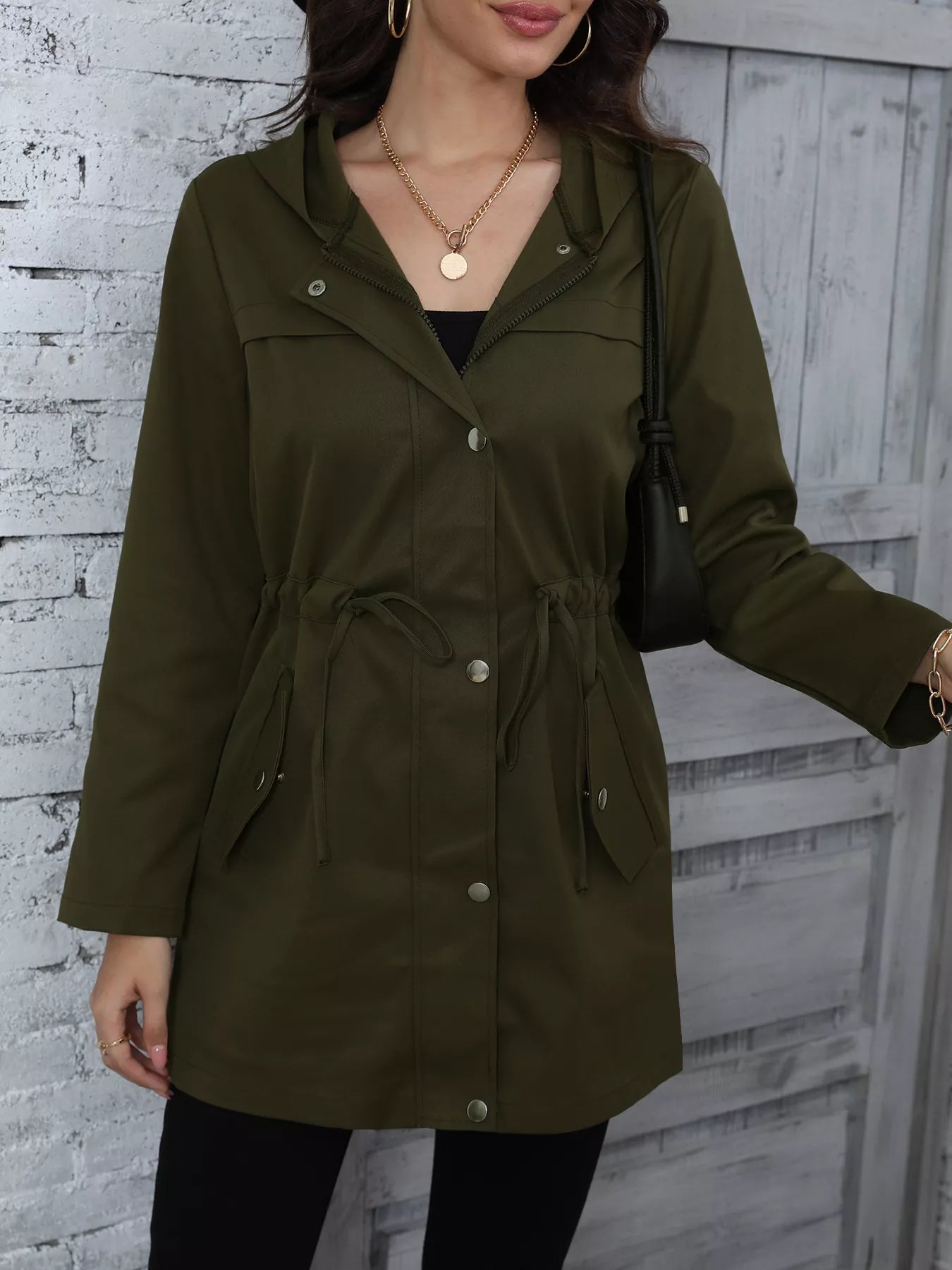 Hooded Drawstring Waist Casual Outerwear Army Green