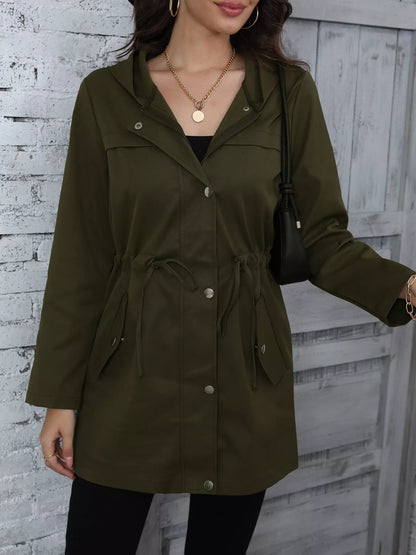 Hooded Drawstring Waist Casual Outerwear Army Green