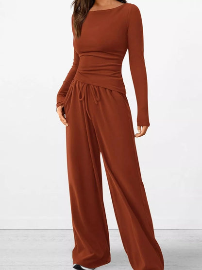 Long Sleeve Top and Wide Leg Pants Set Brick Red