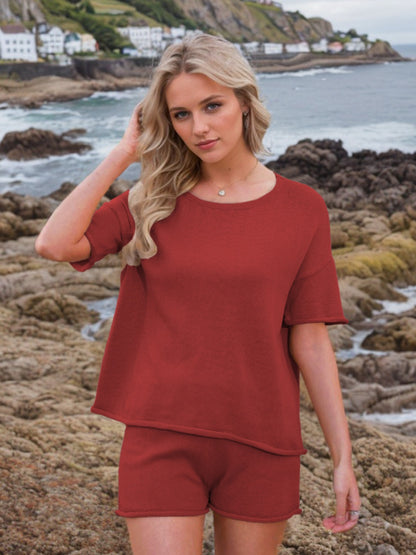 Round Neck Short Sleeve Top and Shorts Sweater Set Scarlet