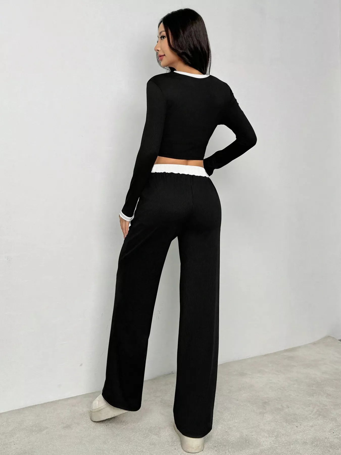 Contrast Trim Crop Top and Wide Leg Pants Set