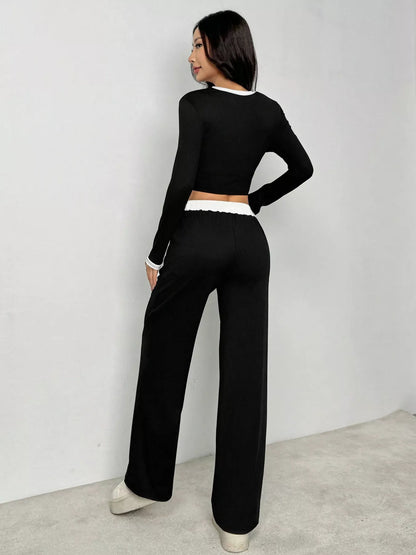 Contrast Trim Crop Top and Wide Leg Pants Set