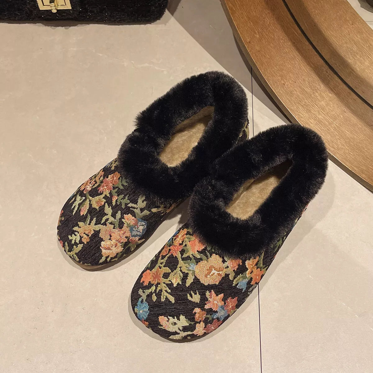 Floral Pattern Plush Lined Slip-Ons