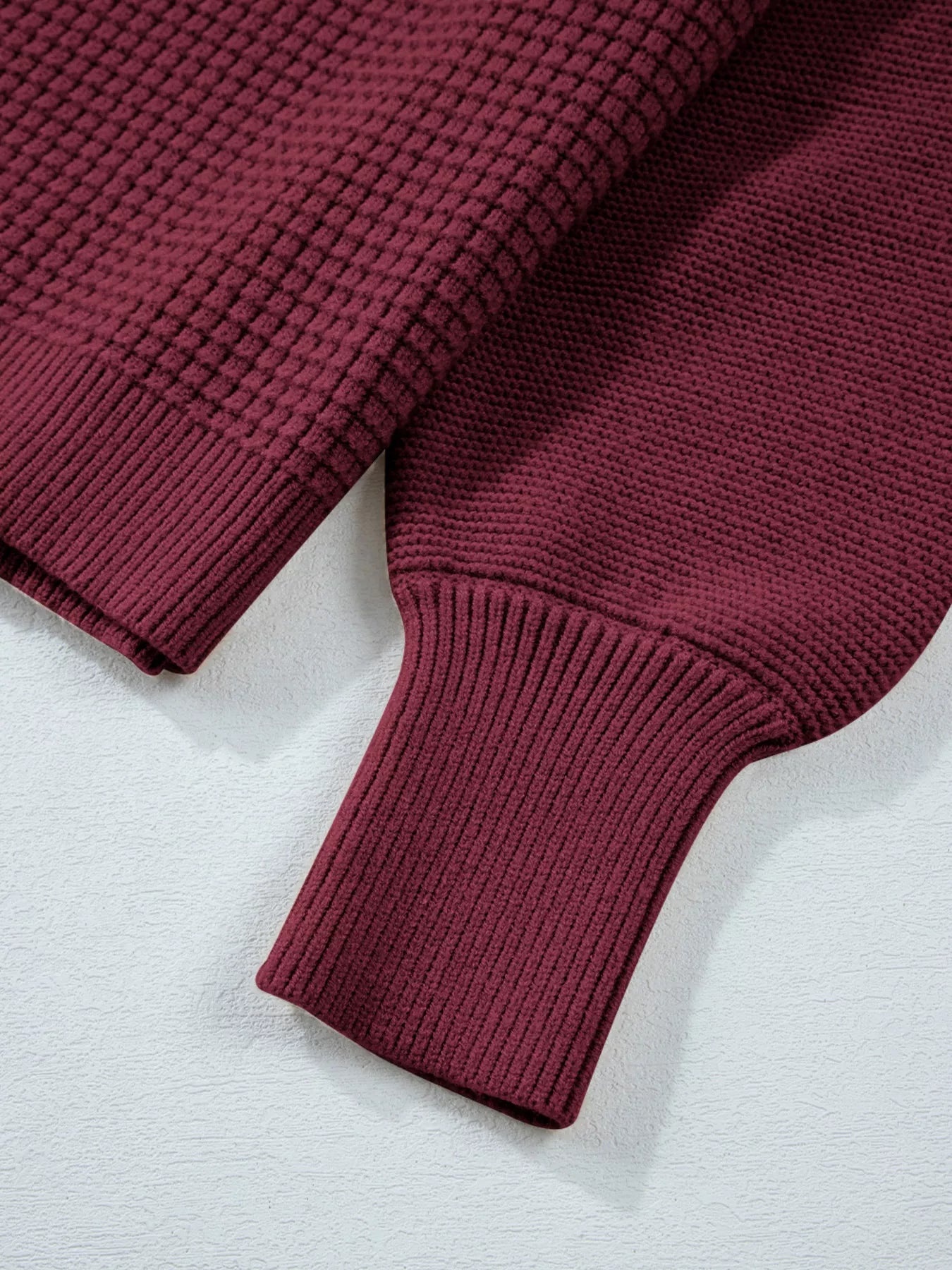 Solid Color Mixed Textured Knitted Crew Neck Sweater