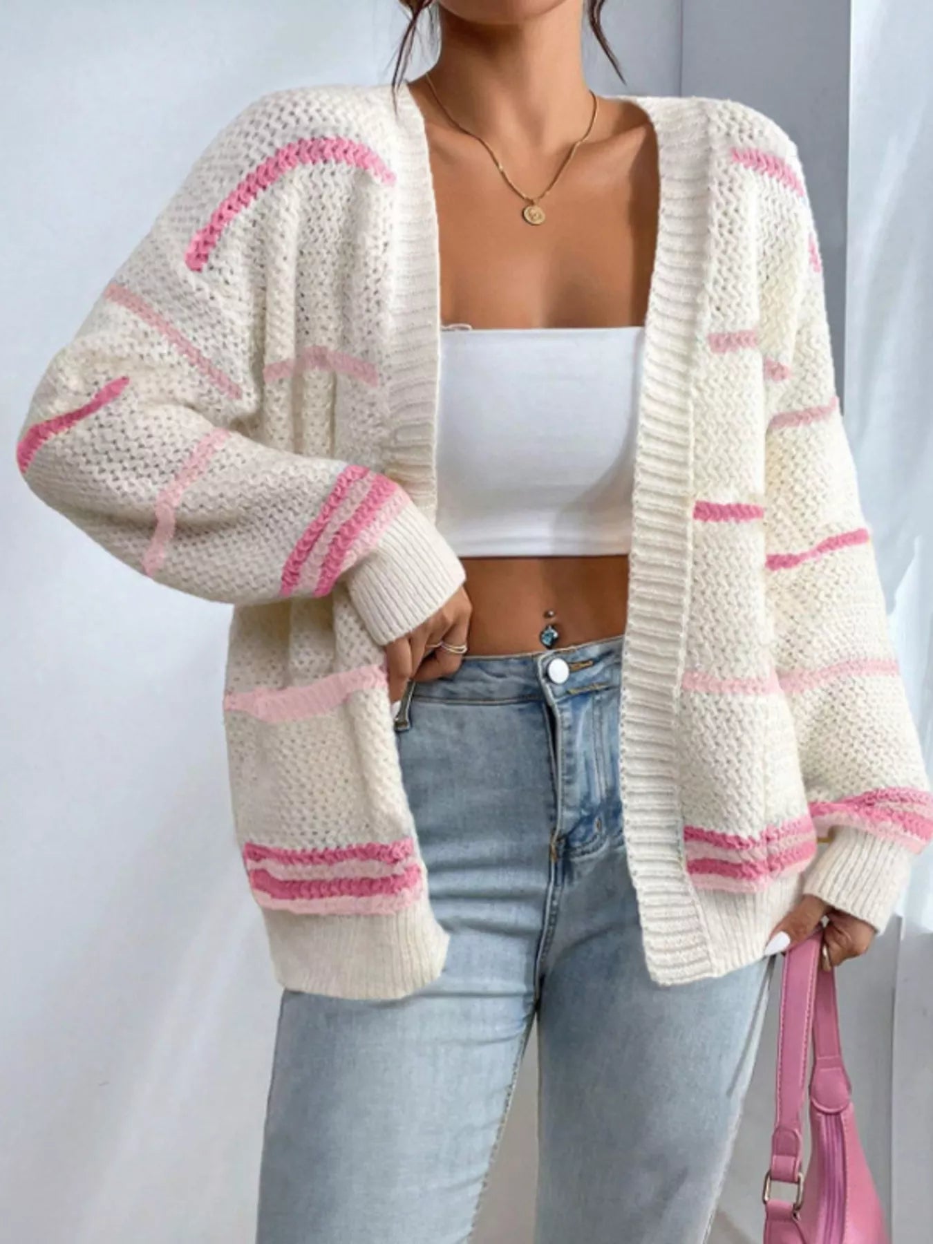 Striped Knit Open Front Cardigan Pink