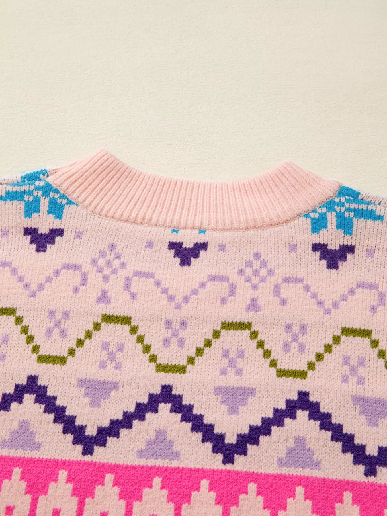 Multicolour Ethnic Christmas Pattern Knit Feather Cuffed Sweater