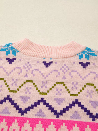 Multicolour Ethnic Christmas Pattern Knit Feather Cuffed Sweater