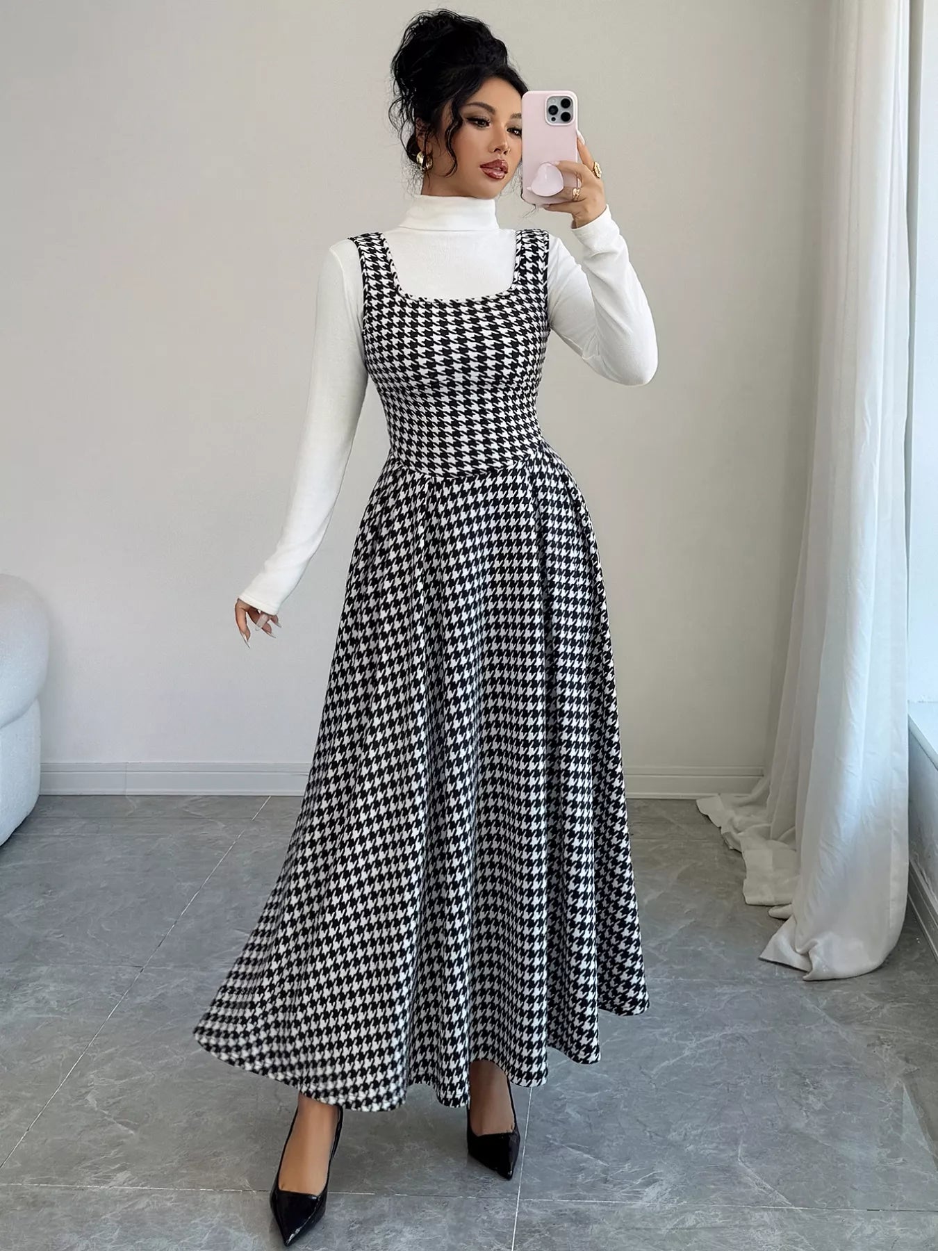 Houndstooth Sleeveless A-Line Dress