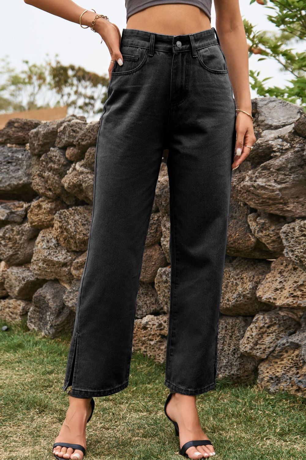 High Waist Loose Fit Ankle Slit Jeans Dark