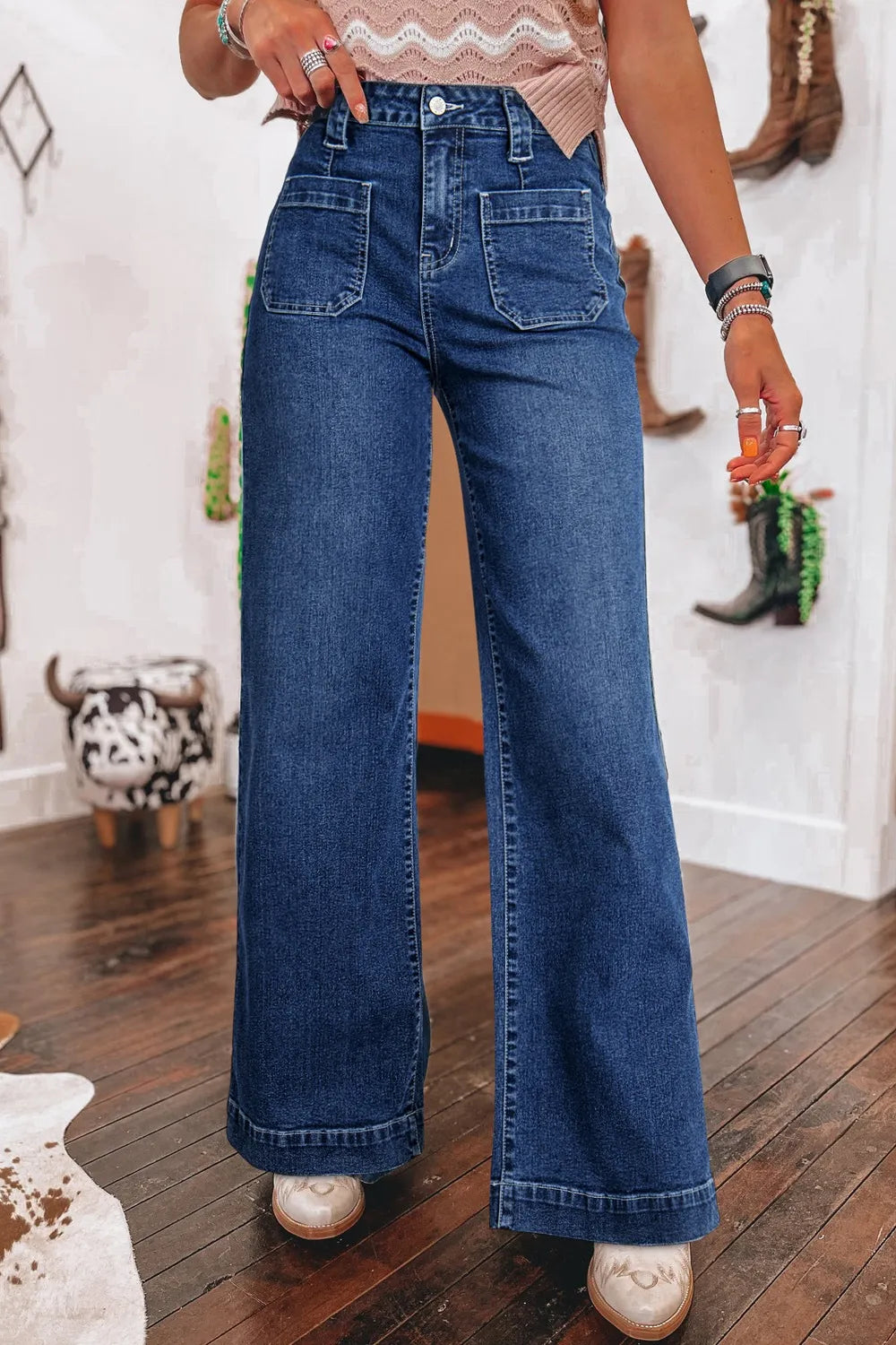 Wide Leg Pocketed High Waist Jeans Sail Blue
