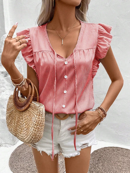 Striped Ruffle Sleeve Tie Front Blouse