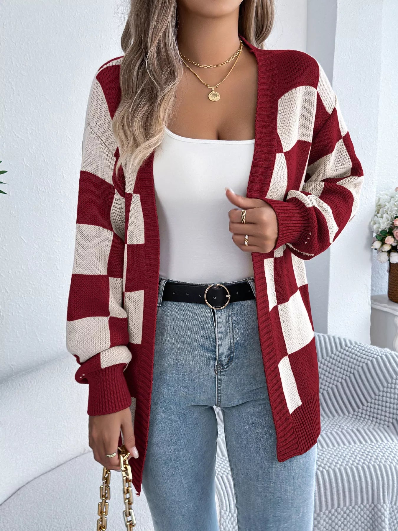 Checkered Pattern Open Front Cardigan