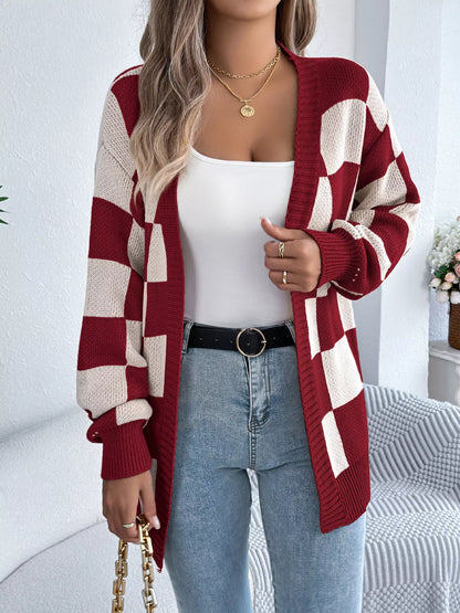 Checkered Pattern Open Front Cardigan