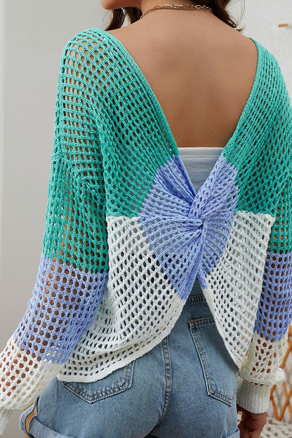 Back To School Sweater - Twisted Back Color Block Long Sleeve Knit Cover Up