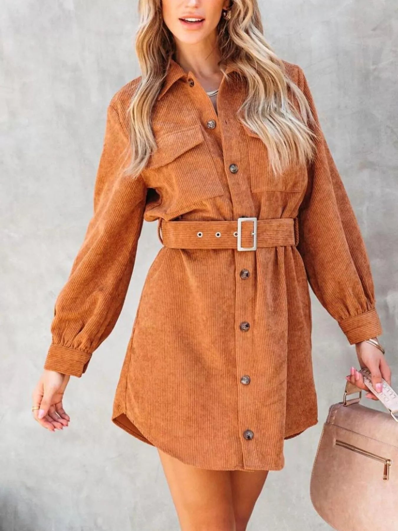 Button Front Belt Long Sleeve Corduroy Dress