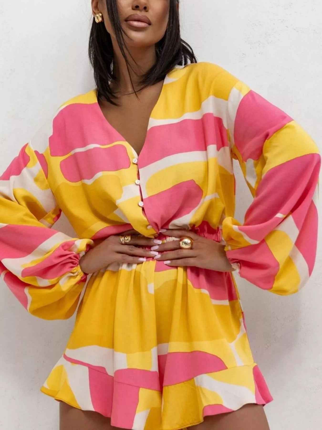 Floral V-Neck Long Sleeve Romper with Elastic Waist Yellow