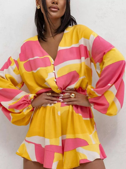 Floral V-Neck Long Sleeve Romper with Elastic Waist Yellow