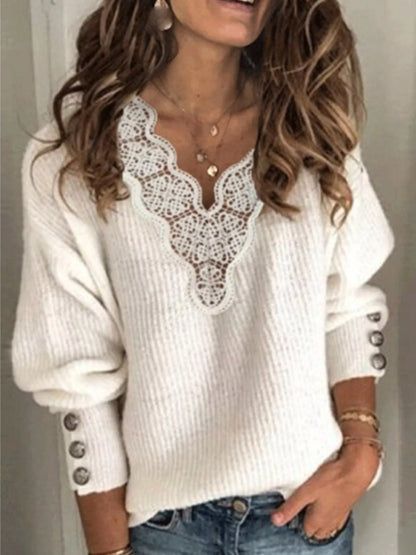 Full Size Lace Trim V-Neck Sweater Plus Size White