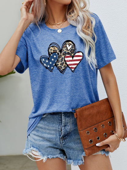 US Flag Leopard Heart Graphic Tee Cobalt Blue