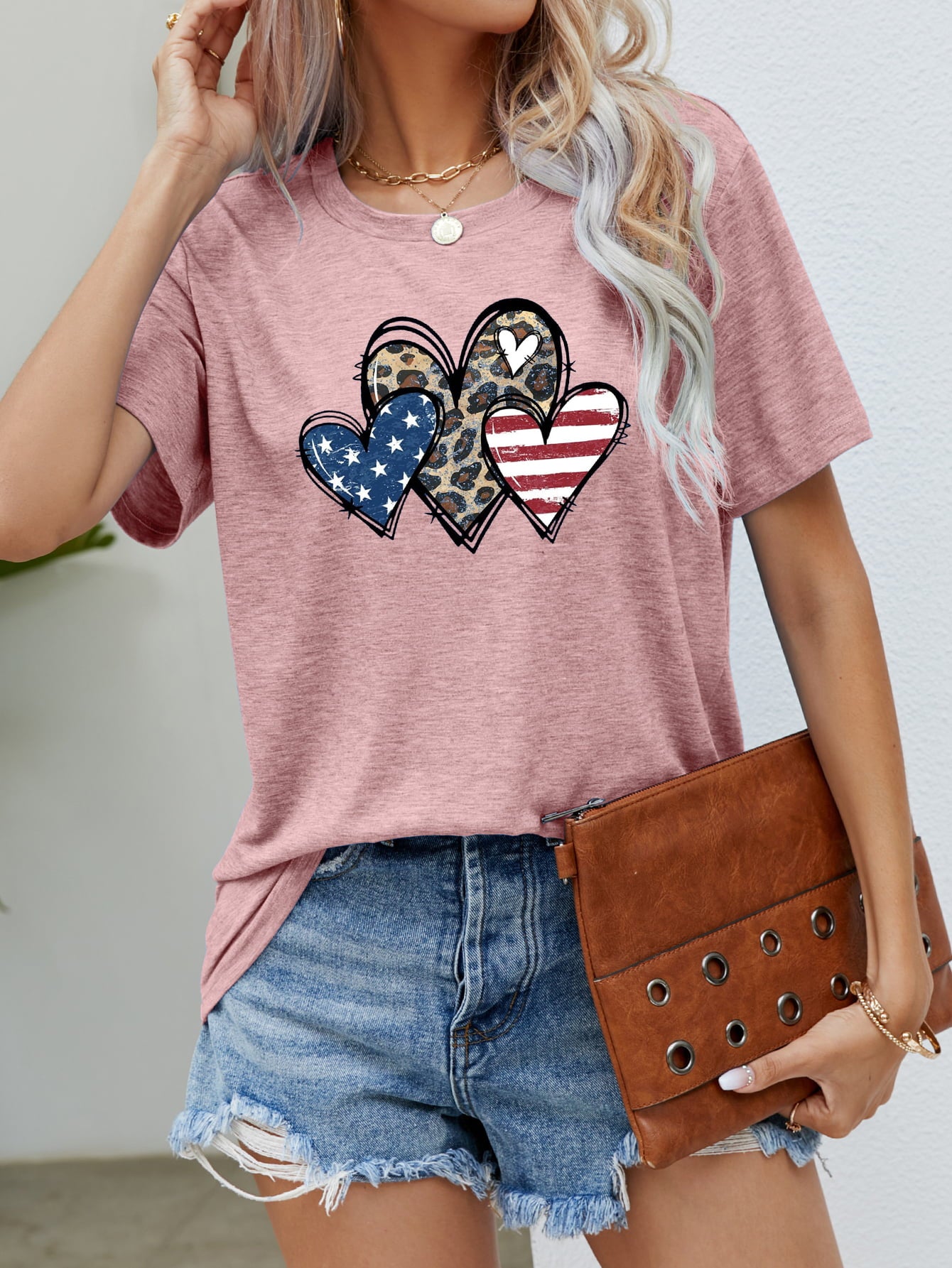 US Flag Leopard Heart Graphic Tee Blush Pink