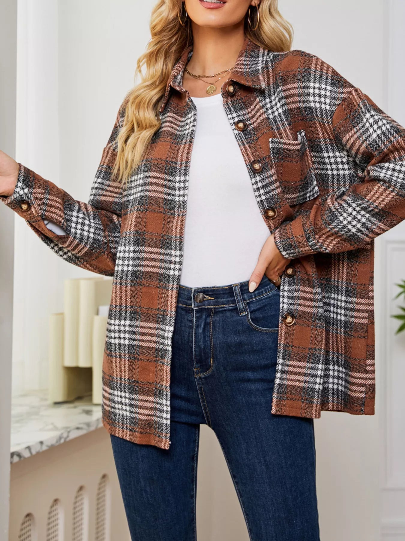 Plaid Button Up Long Sleeve Shacket