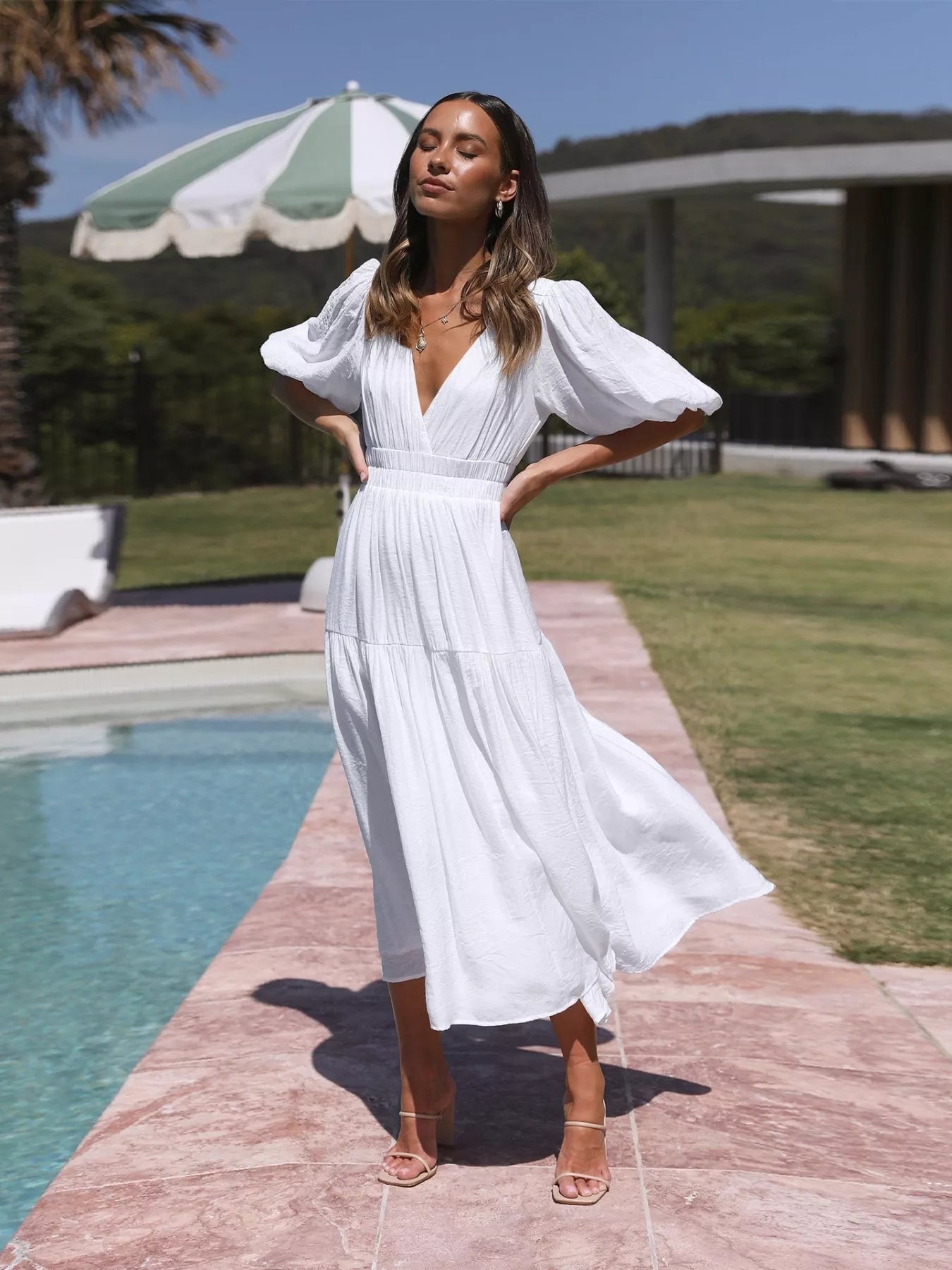 Tiered Puff Sleeve Midi Dress