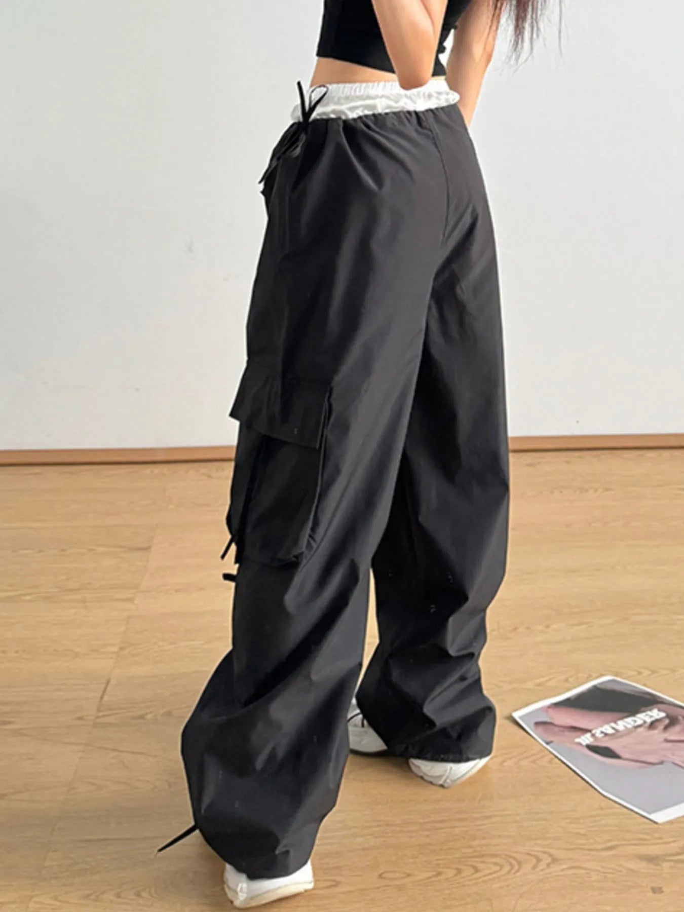 Bow Elastic Waist Cargo Pants