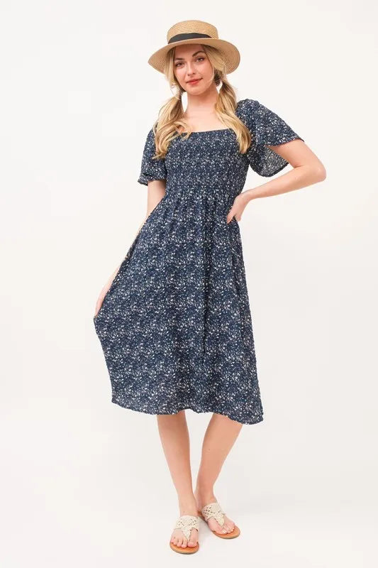 Lime 'N' Chili Smocked Floral Print Flutter Sleeve Midi Dress