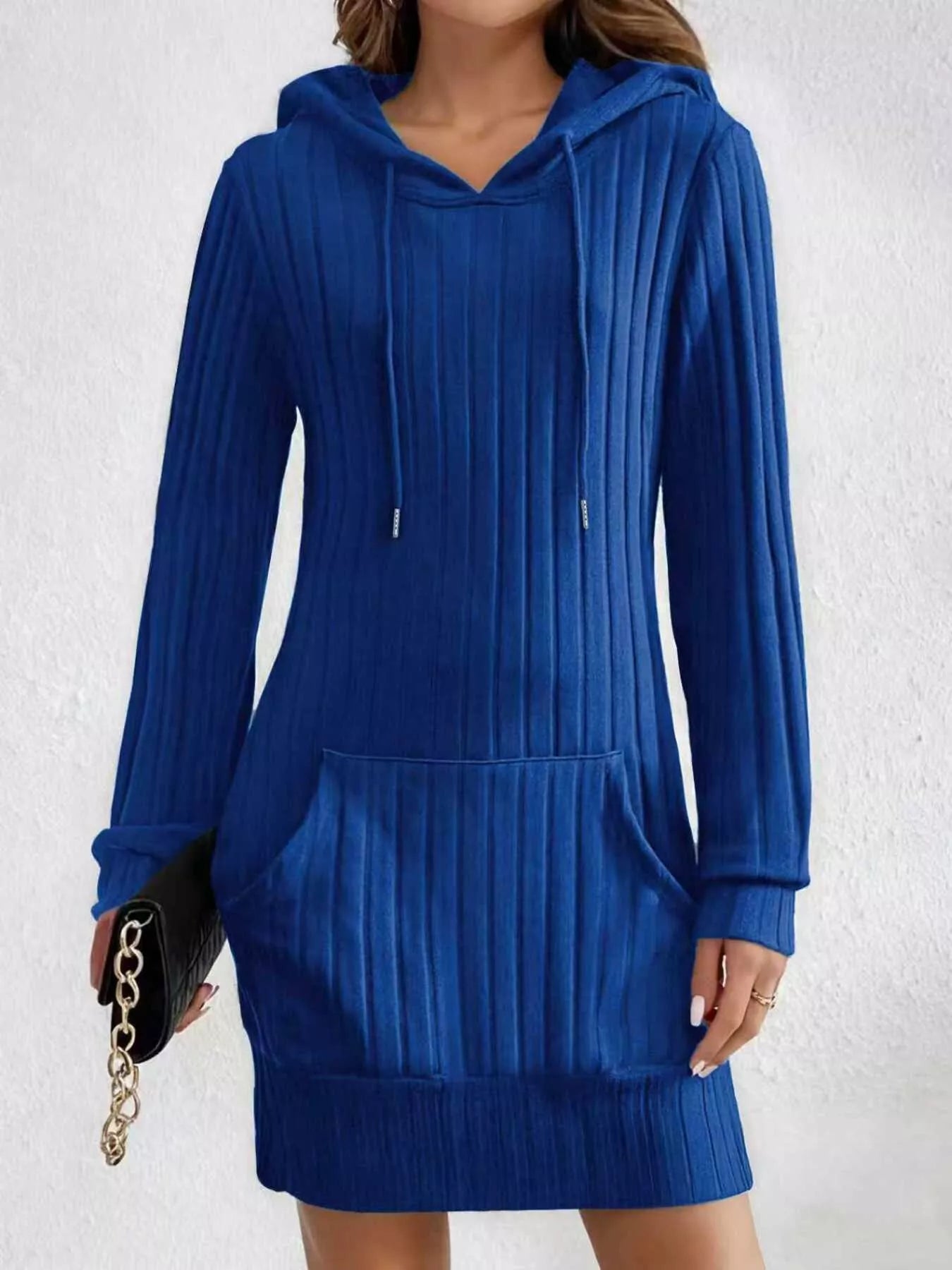 Ribbed Knit Hoodie Dress Blue