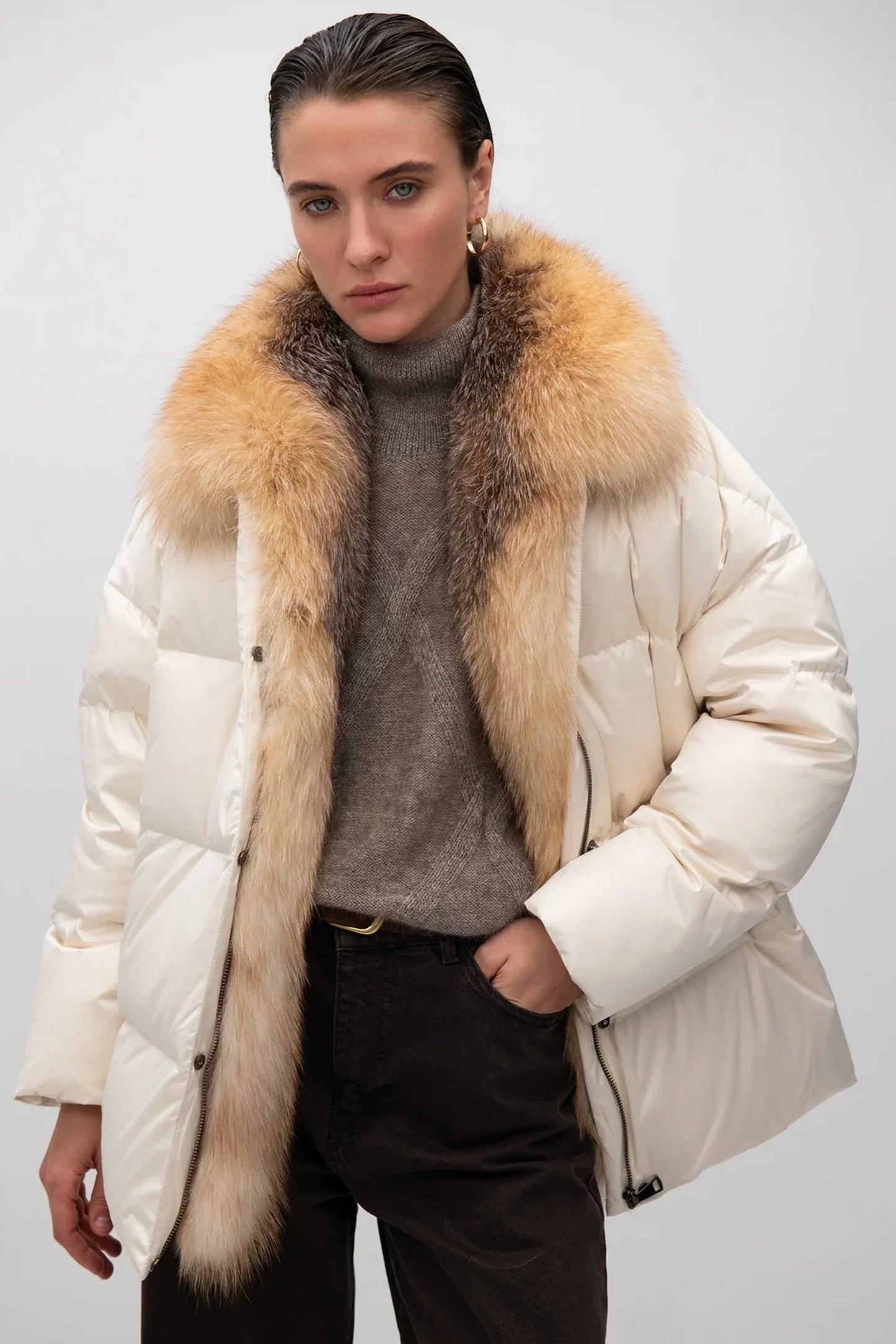 Macaire Genuine Silver Fox Fur Down Fill Coat Ivory