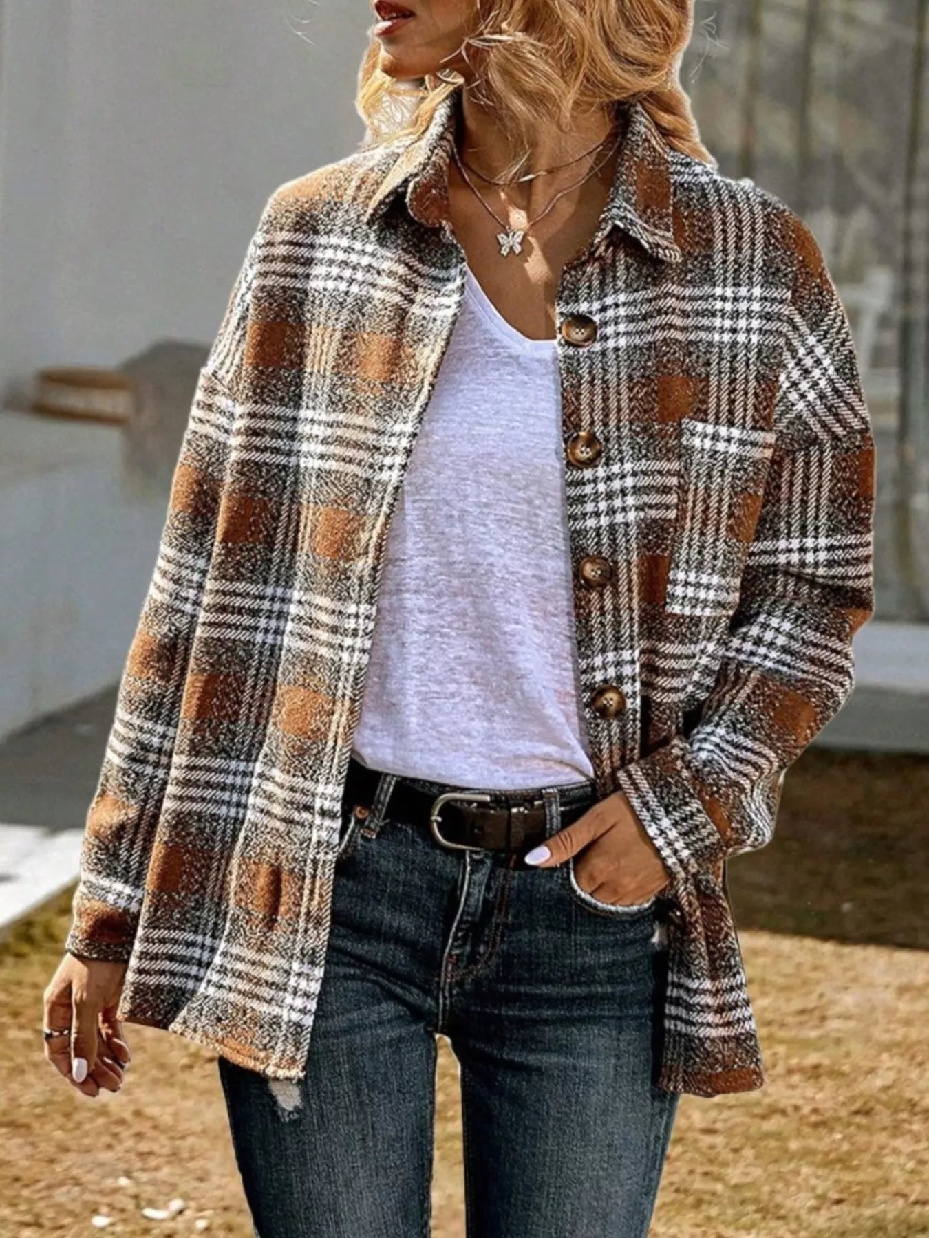 Plaid Button Up Long Sleeve Shacket Caramel