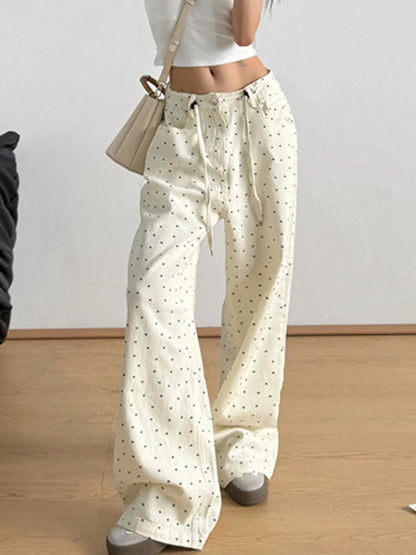 Polka Dot Wide Leg Drawstring Pants Apricot