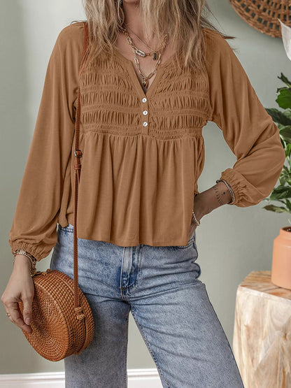 Smocked Buttoned Split V Neck Flow Fit Blouse